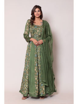 Zari Jaipur - Green Printed & Embellished Maxi Dress (Set of 3)