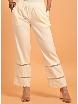 Lakshita - Cream Elastic Pant With Lace And Embroidery Detail