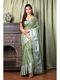 CHARUKRITI - Light Green Blended Silk Saree with Temple Border and Unstitched Blouse