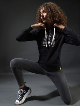 Campus Sutra - Black Women Printed Stylish Casual Hooded Sweatshirts