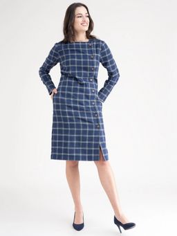FableStreet - Navy Blue Buttoned Plaid Shift Dress