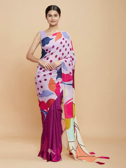 Navyasa By Liva - Wine Organza Print Saree with Unstitched Blouse