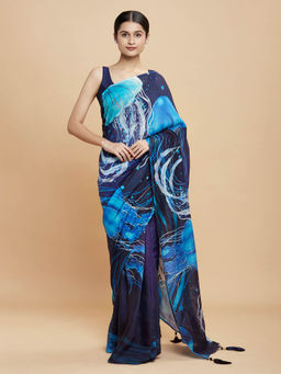 Navyasa By Liva - Navy Blue Organza Abstract Print Saree with Unstitched Blouse