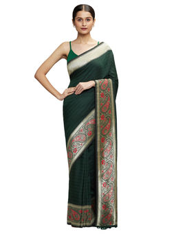 Navyasa By Liva - Green Jacquard Print Saree with Unstitched Blouse