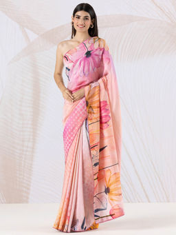 Navyasa By Liva - Pink Shimmer Floral Print Saree with Unstitched Blouse