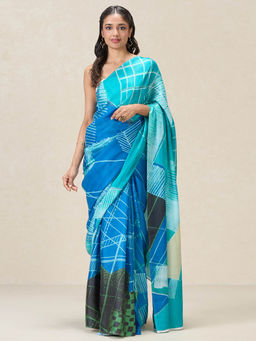 Navyasa By Liva - Navy Satin Lite Abstract Print Saree with Unstitched Blouse
