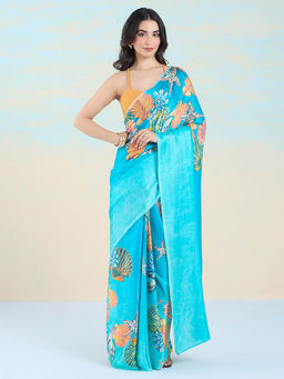 Navyasa By Liva - Blue Satin Floral Print Saree with Unstitched Blouse