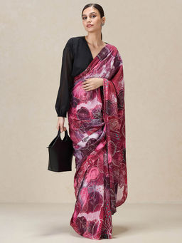 Navyasa By Liva - Maroon Crepe Printed Print Saree with Unstitched Blouse