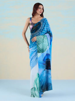 Navyasa By Liva - Blue Satin Lite Abstract Saree with Unstitched Blouse