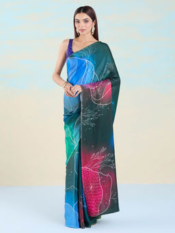 Navyasa By Liva - Green Satin Abstract Saree with Unstitched Blouse