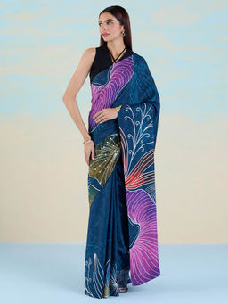 Navyasa By Liva - Blue Muslin Jacquard Abstract Saree with Unstitched Blouse