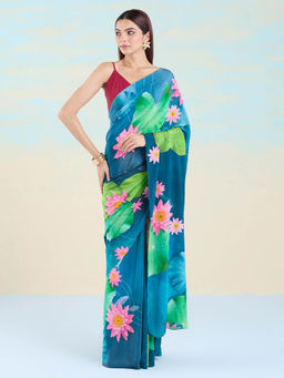 Navyasa By Liva - Blue Crepe Floral Saree with Unstitched Blouse