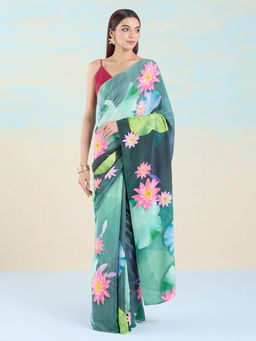 Navyasa By Liva - Green Crepe Floral Saree with Unstitched Blouse