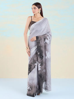 Navyasa By Liva - Grey Crepe Floral Saree with Unstitched Blouse
