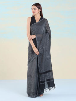 Navyasa By Liva - Grey Jacquard Printed Saree with Unstitched Blouse
