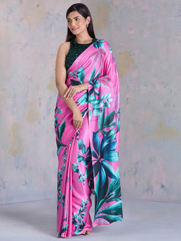 Navyasa By Liva - Pink Satin Floral Print Saree with Unstitched Blouse