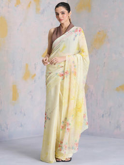Navyasa By Liva - Yellow Chiffon Floral Print Saree with Unstitched Blouse