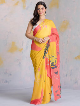 Navyasa By Liva - Yellow Chiffon Abstract Print Saree with Unstitched Blouse