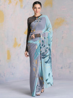 Navyasa By Liva - Grey Chiffon Abstract Print Saree with Unstitched Blouse