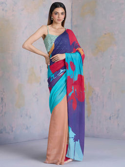 Navyasa By Liva - Multi-Color Chiffon Abstract Print Saree with Unstitched Blouse
