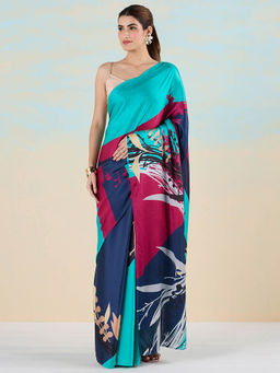 Navyasa By Liva - Blue Satin Lite Abstract Print Saree with Unstitched Blouse