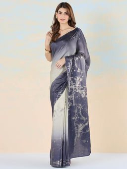 Navyasa By Liva - Grey Satin Foil Print Saree with Unstitched Blouse