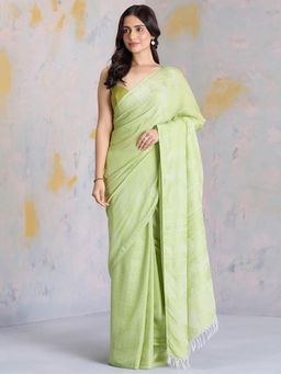 Navyasa By Liva - Green Jacquard Print Saree with Unstitched Blouse