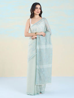 Navyasa By Liva - Green Jacquard Print Saree with Unstitched Blouse