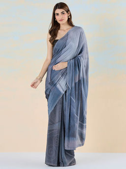 Navyasa By Liva - Grey Crepe Crystal Stones Saree with Unstitched Blouse