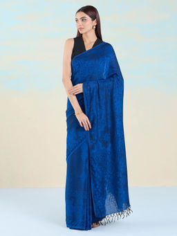 Navyasa By Liva - Blue Jacquard Print Saree with Unstitched Blouse