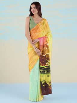 Navyasa By Liva - Yellow Muslin Jacquard Geometric Saree with Unstitched Blouse
