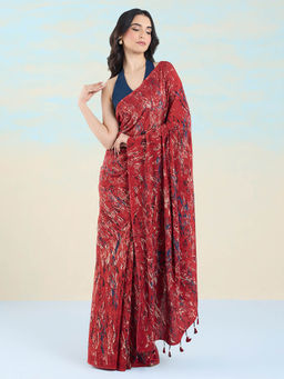 Navyasa By Liva - Red Crepe Hand Painted Saree with Unstitched Blouse