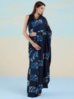 Navyasa By Liva - Blue Crepe Hand Painted Saree with Unstitched Blouse