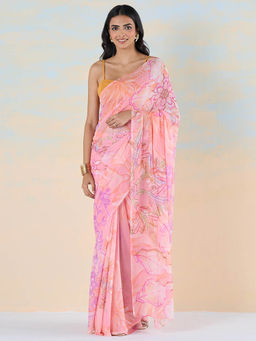 Navyasa By Liva - Pink Chiffon Floral Saree with Unstitched Blouse