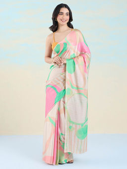 Navyasa By Liva - Pink Satin Abstract Saree with Unstitched Blouse