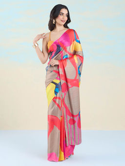 Navyasa By Liva - Multi-Color Satin Abstract Saree with Unstitched Blouse
