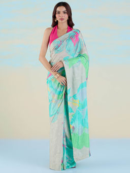 Navyasa By Liva - Green Muslin Jacquard Printed Saree with Unstitched Blouse