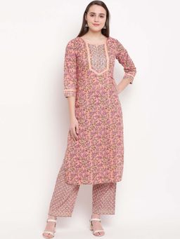Vbuyz - Women Printed Straight Cotton Peach Kurti With Pant (set Of 2)