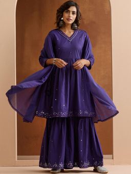 ISHIN - Women Purple Cotton Kurta with Sharara and Dupatta