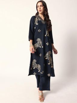 ISHIN - Women Navy Blue Polyester Chinon Kurta and Pant