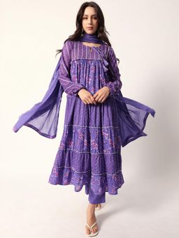 ISHIN - Women Lilac Cotton Anarkali with Pant and Dupatta