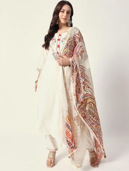 ISHIN - Women Off White Roman Silk Kurta with Pant and Dupatta