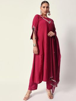 ISHIN - Women Red Roman Silk Anarkali with Pant and Dupatta
