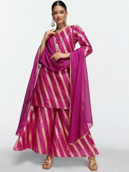 ISHIN - Women Purple Silk Blend Kurta with Sharara and Dupatta