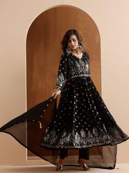 ISHIN - Women Black Poly Georgette Anarkali with Pant and Dupatta