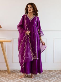 ISHIN - Women Purple Modal Muslin Kurta Palazzo with Dupatta