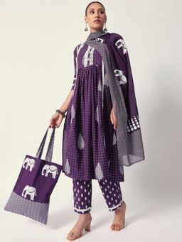 ISHIN - Women Purple Cotton Kurta with Pant and Dupatta