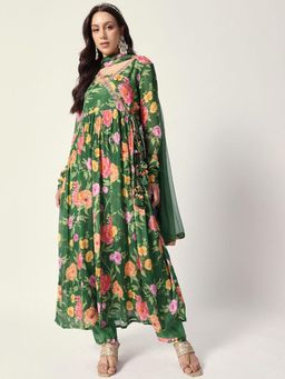 ISHIN - Women Green Chinon Angarkha with Pant and Dupatta