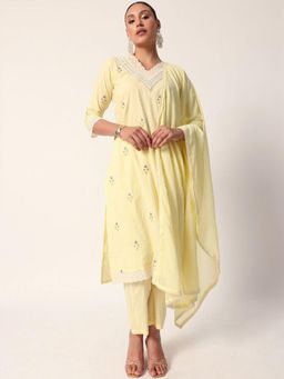 ISHIN - Women Yellow Cotton Kurta with Pant and Dupatta