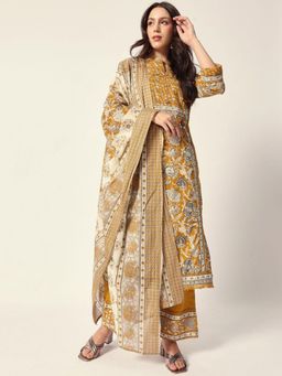 ISHIN - Women Yellow Cotton Kurta with Pant and Dupatta